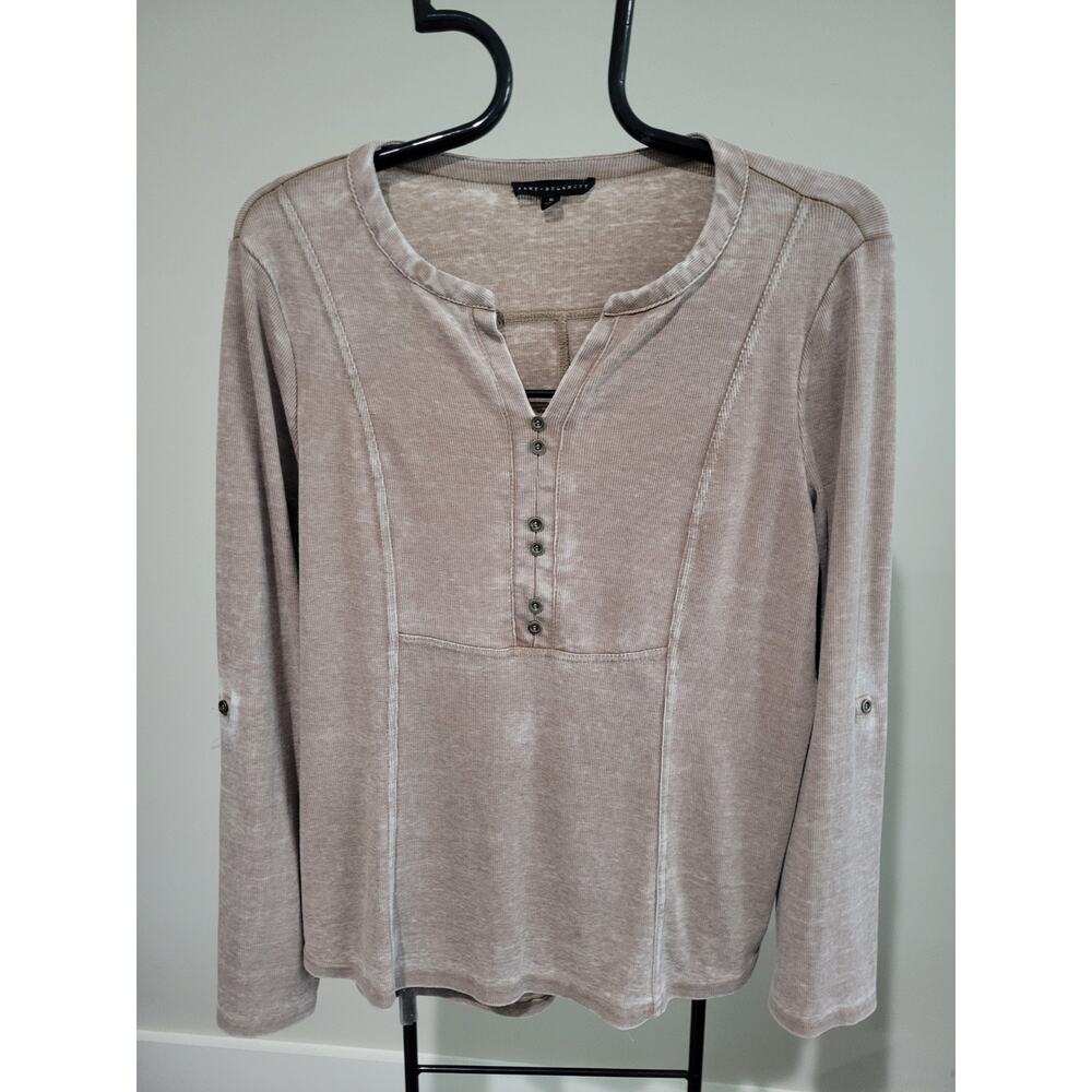 Jane + Delancey Size XL Taupe Split Neck Long Sleeve Ribbed Top Adj Sleeve EUC